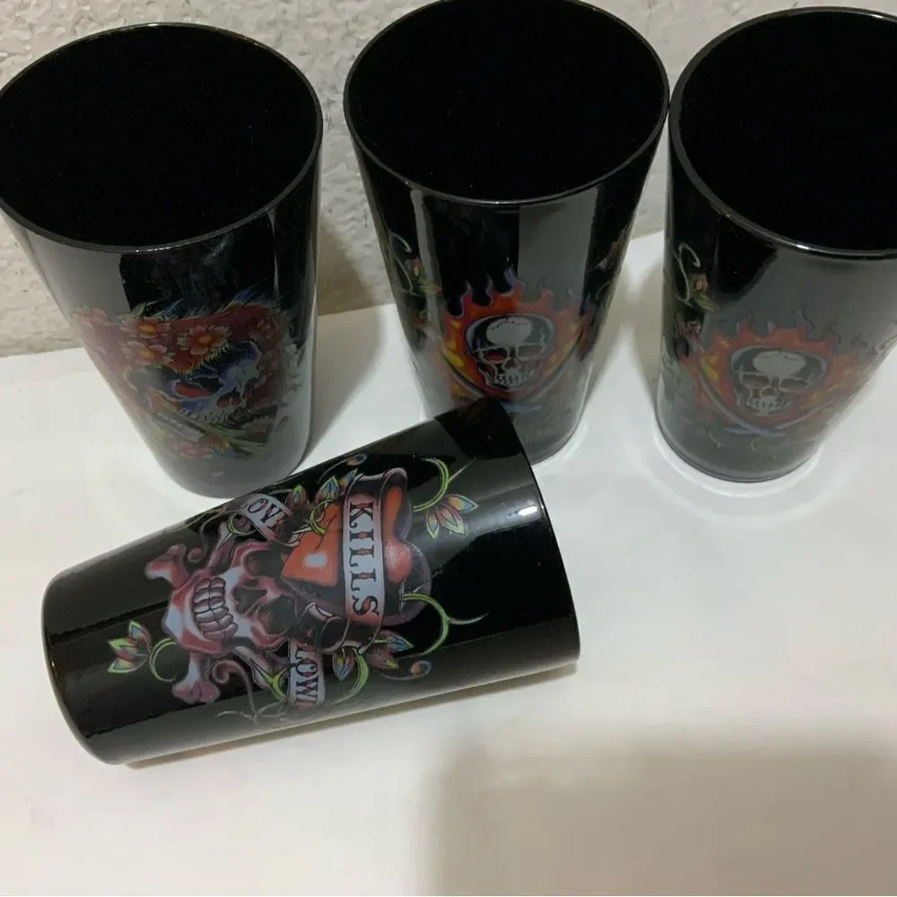 Ed Hardy Designs Black Drinking Glass Tumblers set of 4